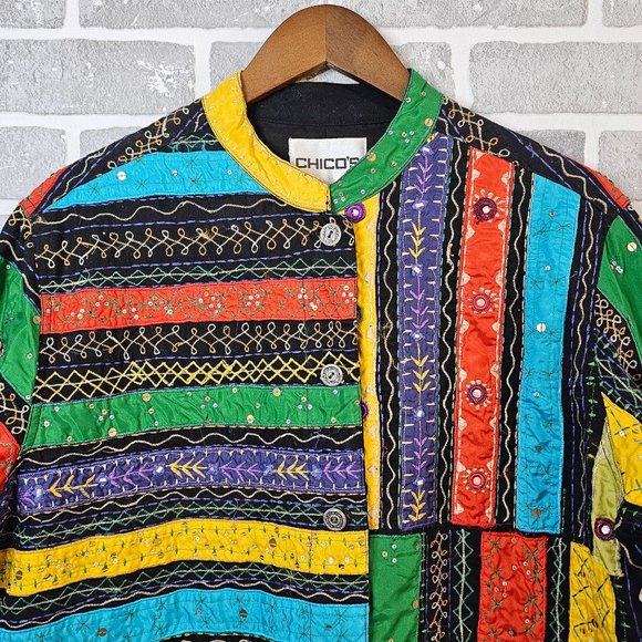 Chico's Jacket Women's 2 Multicolor Embroidered Sequined Art-to-Wear Button - Picture 4 of 12
